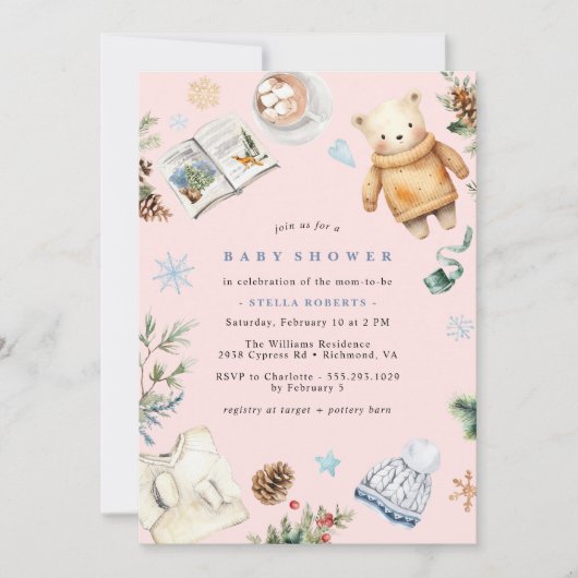 Blush Roze Schattige Waterverf Winter Meisje Baby Kaart (Voorkant)