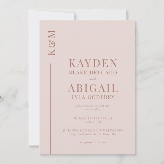 Blush Roze Schone Lijn Minimalistische Bruiloft Kaart (Voorkant)