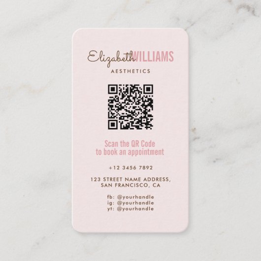 Blush Roze Schoonheid Esthetiek QR Code Loyaliteit Visitekaartje (Voorkant)