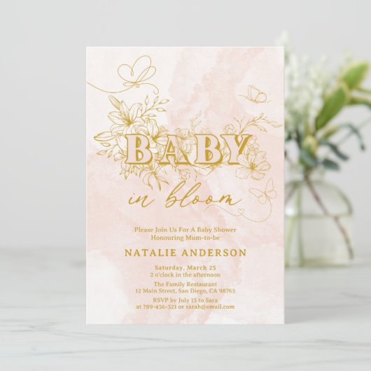 Blush roze script Bloemenvlinders Baby in bloei Kaart (Staand voorkant)