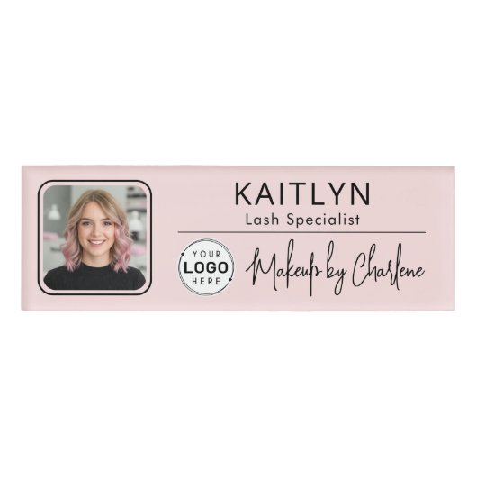 Blush Roze Script Logo Foto Make-up Naambadge (Voorkant)