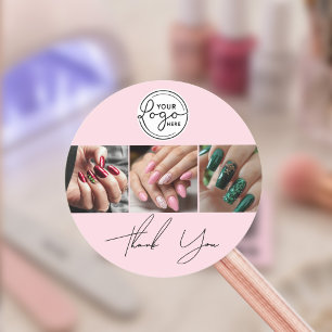 Blush Roze Script Logo Foto Nagelsalon Bedankt Ronde Sticker