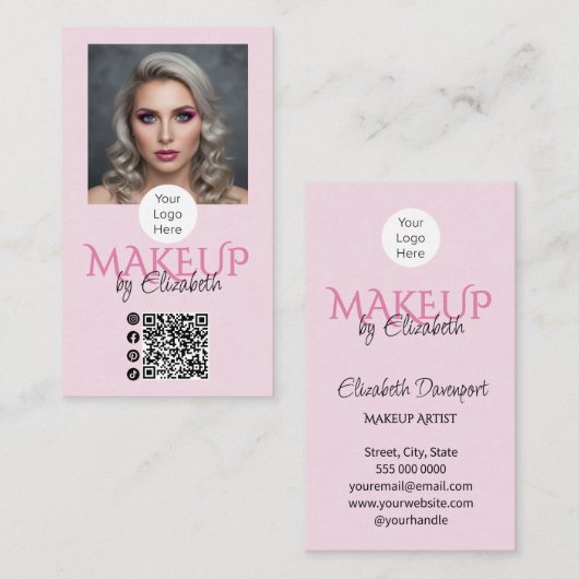 Blush Roze Script Logo QR Code Foto Make-up Visitekaartje (Voorkant / Achterkant)