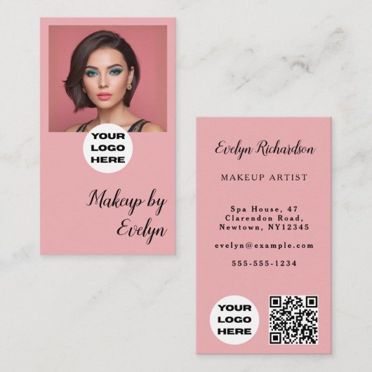 Blush Roze Script Logo QR Code Foto Make-up Visitekaartje (Voorkant / Achterkant)