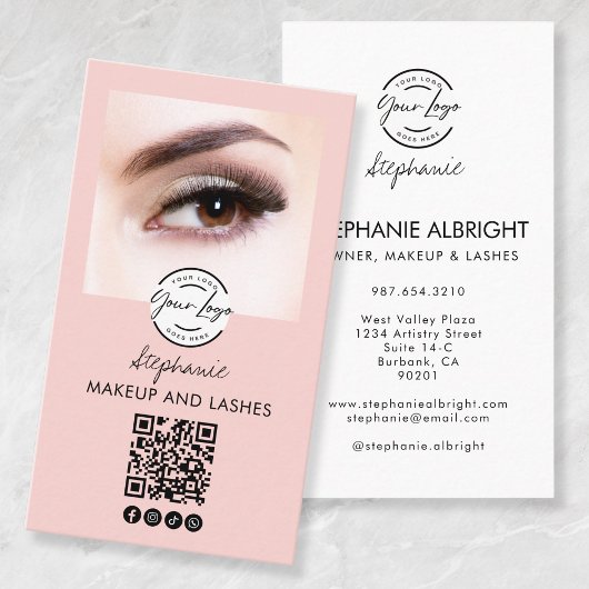 Blush Roze Script Logo QR Code Foto Wimpers Studio Visitekaartje