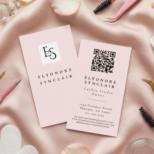 Blush Roze Script Logo QR Code Wimpers Visitekaartje
