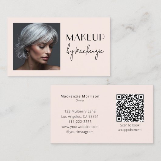 Blush Roze Script QR Code Foto Make-up Visitekaartje (Voorkant / Achterkant)