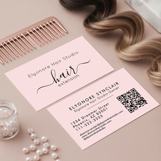 Blush Roze Script QR Code Haarverlenging Visitekaartje