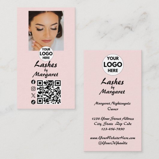 Blush Roze Script Sociale Icon QR Code Foto Wimper Visitekaartje (Voorkant / Achterkant)