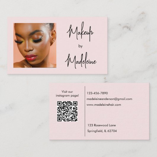 Blush Roze Script Sociale Icoon QR Code Foto Make- Visitekaartje (Voorkant / Achterkant)