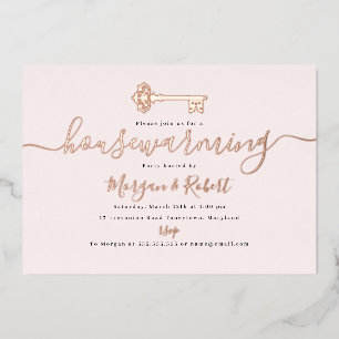 Blush Roze Sleutel Huis Verwarming Feest Folie Uitnodiging