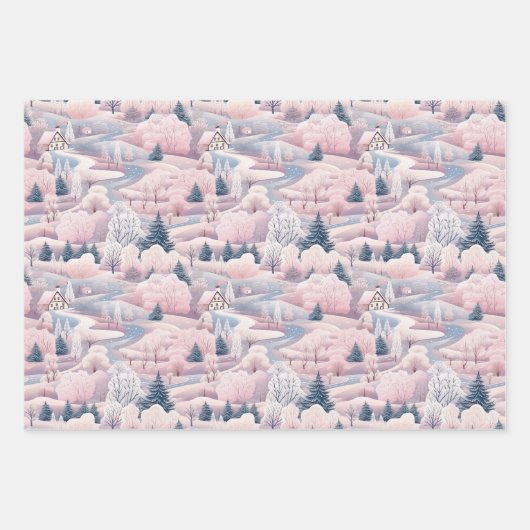 Blush Roze Snowscapes Kerst Wrapping Papier Set Inpakpapier Vel (Voorkant)