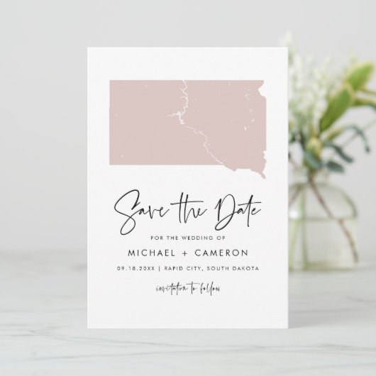Blush Roze South Dakota Map Handgeschreven script Save The Date (Staand voorkant)