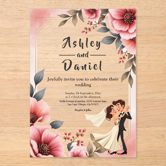 Blush Roze Stoffig Roos Bruid Bruidegom Bloemen br Acryl Uitnodigingen (Voorkant)