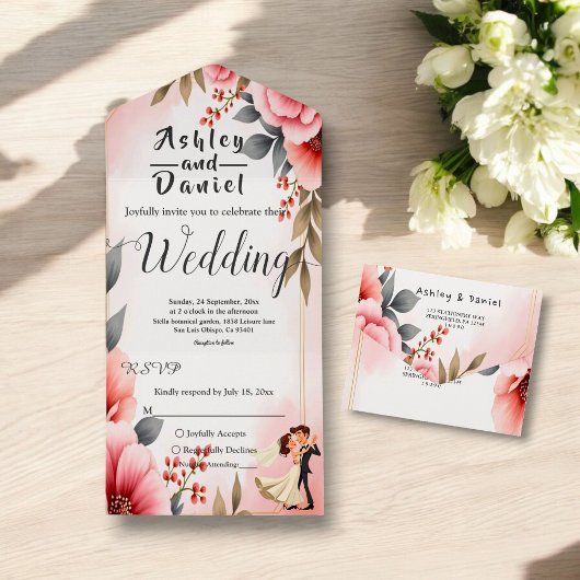 Blush Roze Stoffig Roos Bruid Bruidegom Bloemen br All In One Uitnodiging