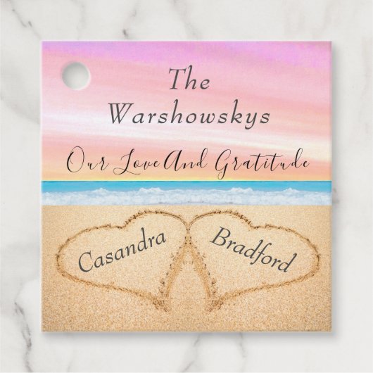 Blush Roze Strand Bruiloft 2 Harten in het Zand Bedankjes Labels (Voorkant)