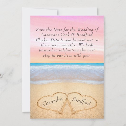 Blush Roze Strand Bruiloft 2 Harten Zand Bruiloft Kaart (Achterkant)