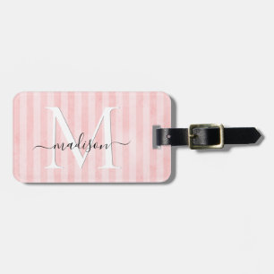 Blush Roze Streep Girly Script Monogram Bagagelabel