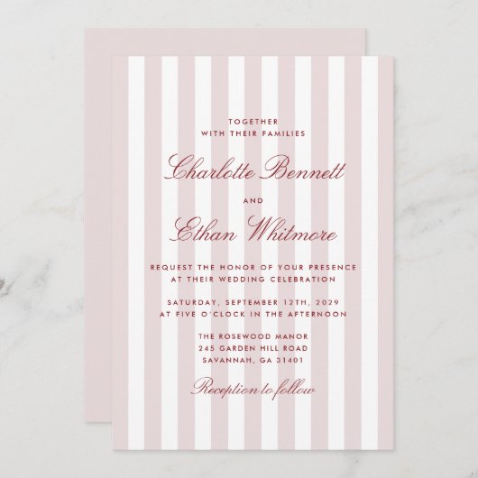 Blush roze strepen met rood script moderne bruilof kaart (Voorkant / Achterkant)