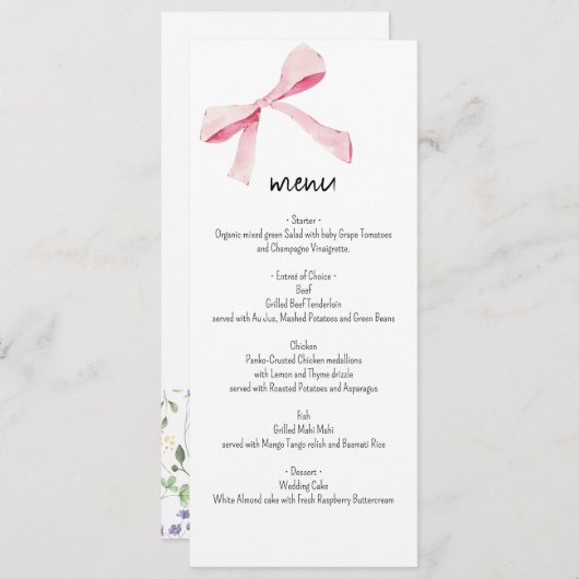 Blush roze strik en bloemen Menukaart aangepaste n (Voorkant / Achterkant)