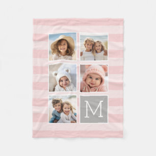 Blush roze stripes - 5 fotocollage monogram fleece deken