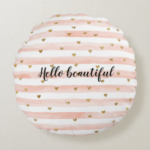 Blush roze stripes Gold Hearts Rond Kussen