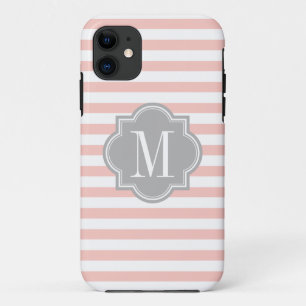 Blush roze stripes met grijze monogram iPhone 11 hoesje