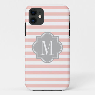 Blush roze stripes met grijze monogram iPhone 11 hoesje