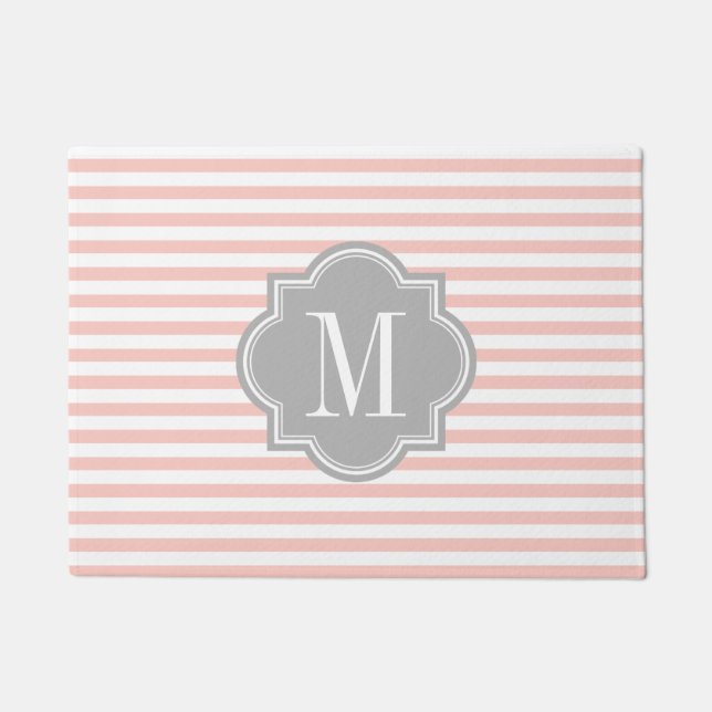 Blush roze stripes met grijze monogram deurmat (Voorkant)
