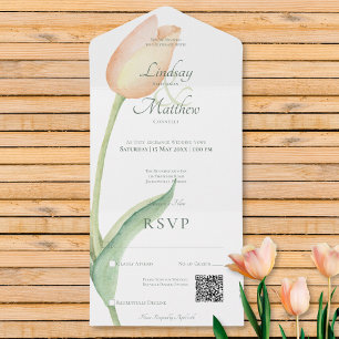 Blush Roze Tulp Solo Perzik Moderne QR Code All In One Uitnodiging