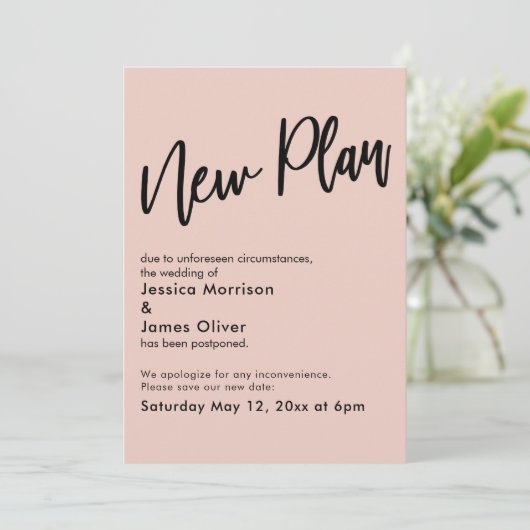 Blush Roze Uitgestelde Bruiloft Nieuw Plan Update Kaart (Staand voorkant)