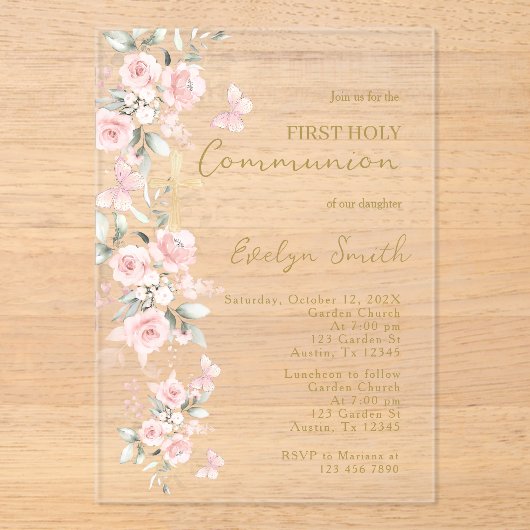 Blush roze vlinder eerste communie meisje acryl uitnodigingen (Voorkant)