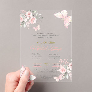 Blush Roze vlinder Quinceanera uitnodiging Acryl Uitnodigingen