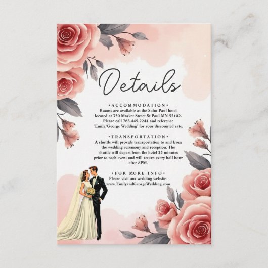 Blush Roze Waterverf Bloemen Bruid & Bruidegom Huw Informatiekaartje (Voorkant)