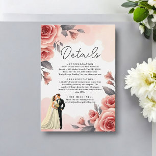 Blush Roze Waterverf Bloemen Bruid & Bruidegom Huw Informatiekaartje