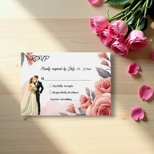 Blush Roze Waterverf Bloemen Bruid & Bruidegom Huw RSVP Kaartje