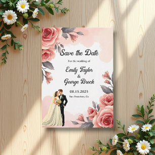 Blush Roze Waterverf Bloemen Bruid & Bruidegom Huw Save The Date