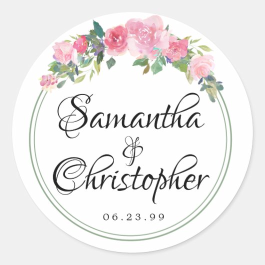 Blush Roze Waterverf Bloemen Bruiloft Envelope Sea Ronde Sticker (Voorkant)