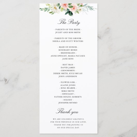 Blush roze waterverf bloemenbruiloft programma (Achterkant)