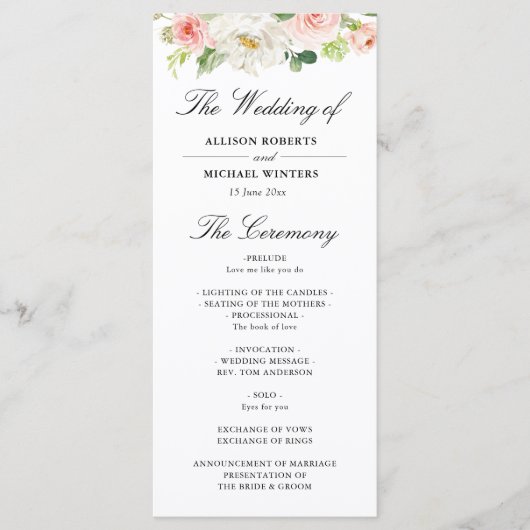 Blush roze waterverf bloemenbruiloft programma (Voorkant)