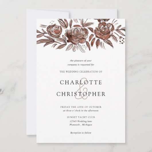 Blush roze waterverf bloemenlineart bruiloft kaart (Voorkant)