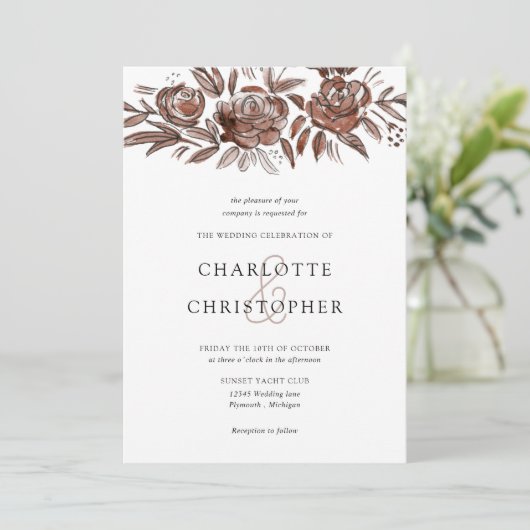 Blush roze waterverf bloemenlineart bruiloft kaart (Staand voorkant)