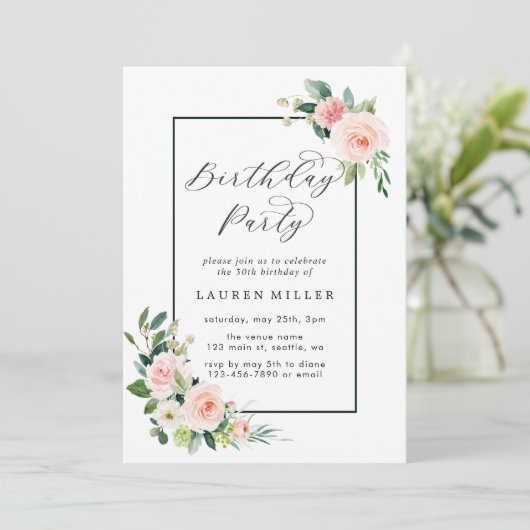 Blush Roze Waterverf Bloom Verjaardagsfeest Kaart (Staand voorkant)