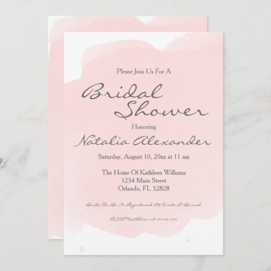 Blush Roze Waterverf Bridal Shower Uitnodiging (Voorkant / Achterkant)