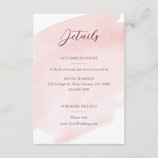 Blush roze Waterverf bruiloft details Informatiekaartje (Voorkant)