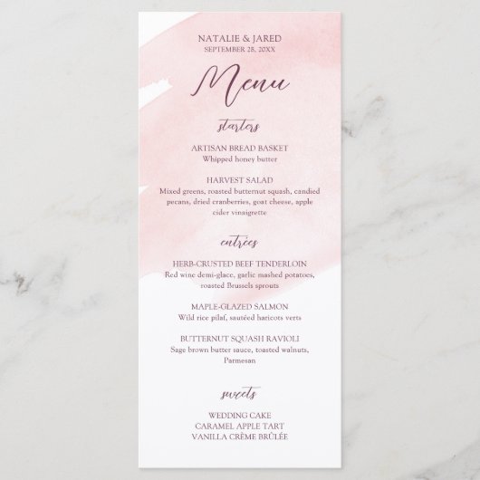 Blush Roze Waterverf Bruiloft Menu (Voorkant)