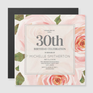 Blush Roze Waterverf Floral 30th Birthday Magnetische Uitnodiging