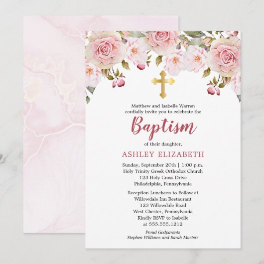 Blush Roze Waterverf Floral Baptisme Invitation Kaart (Voorkant / Achterkant)
