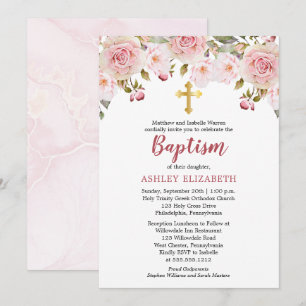 Blush Roze Waterverf Floral Baptisme Invitation Kaart