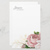 Blush Roze  Waterverf Floral Briefpapier (Voorkant / Achterkant)